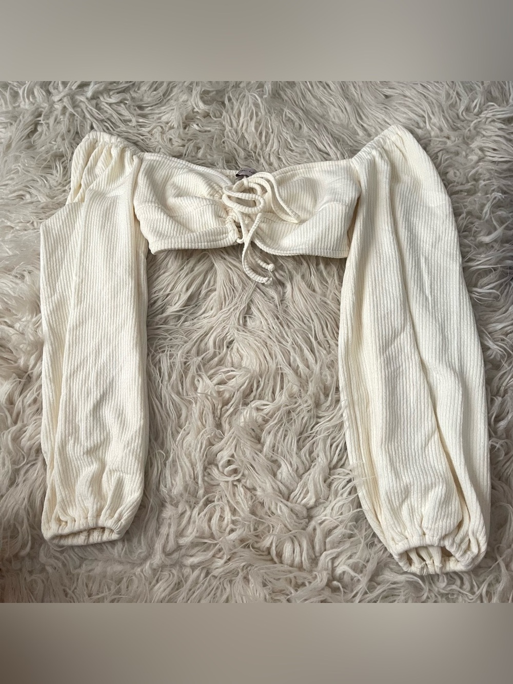 Cream Ribbed Crop Top with Front Tie